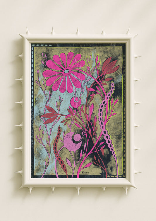 Surreal botanical wall art print featuring bright pink flowers, abstract leaves, and whimsical folkloric shapes on a textured green and blue background. Contemporary folk art poster with bold colours, mystical floral motifs, and an eclectic, bohemian aesthetic. Perfect vibrant art print for unique home décor and modern interiors.