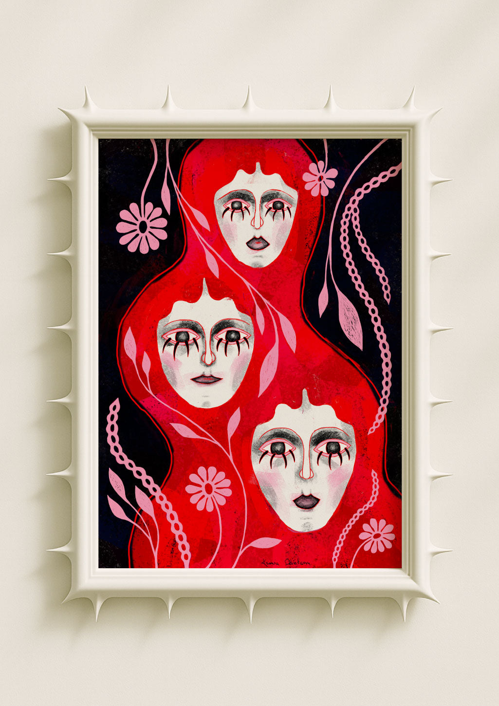 Surreal portrait wall art print featuring three white-faced figures wrapped in flowing red forms with floral and vine motifs on a dark background. Dreamlike folk-inspired poster blending symbolic expression, feminine mysticism and contemporary art décor.