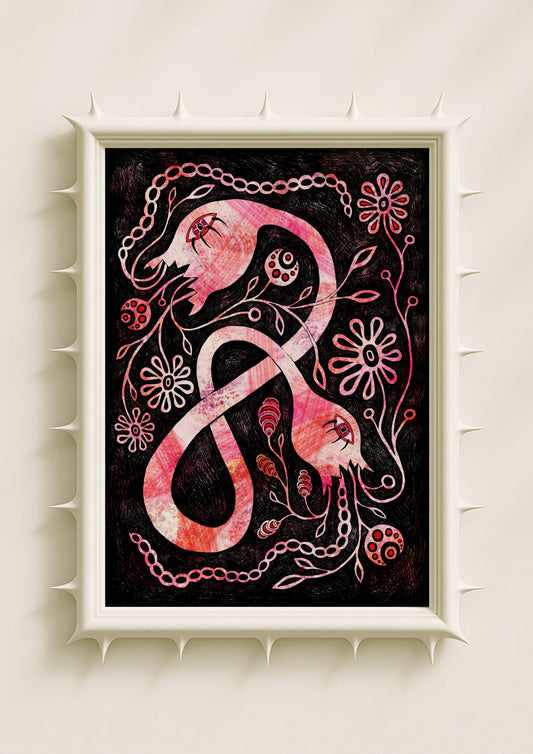 Surreal botanical wall art print featuring intertwined pink serpentine figures surrounded by whimsical flowers, vines and symbolic motifs on a dark textured background. Dreamlike fantasy poster blending folklore, feminine mysticism and contemporary art décor.
