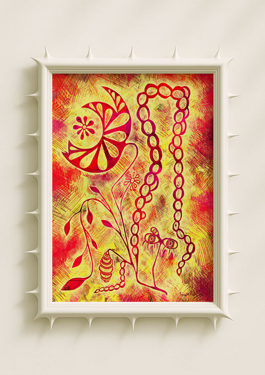 Botanical surrealist wall art print featuring a stylised red and yellow flower, whimsical vine motifs and abstract organic shapes on a textured warm background. Vibrant contemporary poster blending folk-inspired elements, floral symbolism and modern art décor.
