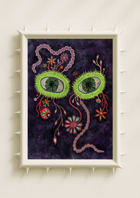 Surreal botanical wall art print featuring two luminous green eye-flower motifs surrounded by intricate vines, glowing petals and symbolic floral elements on a deep purple textured background. Dreamlike fantasy poster blending mystical symbolism, folk art influences and contemporary décor aesthetics.