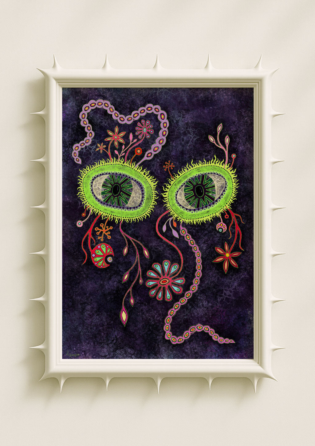 Surreal botanical wall art print featuring two luminous green eye-flower motifs surrounded by intricate vines, glowing petals and symbolic floral elements on a deep purple textured background. Dreamlike fantasy poster blending mystical symbolism, folk art influences and contemporary décor aesthetics.