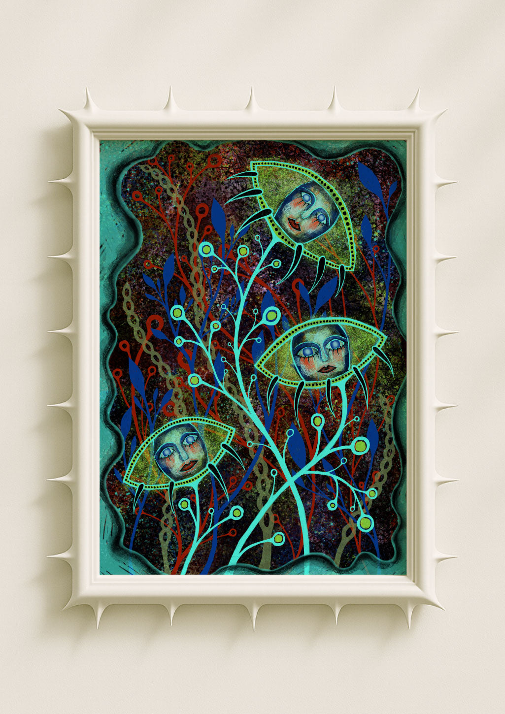 Surreal botanical wall art print featuring glowing eye-flower motifs with human faces on teal stems against a dark textured background. Dreamlike fantasy poster blending mystical symbolism, floral surrealism and contemporary art décor.