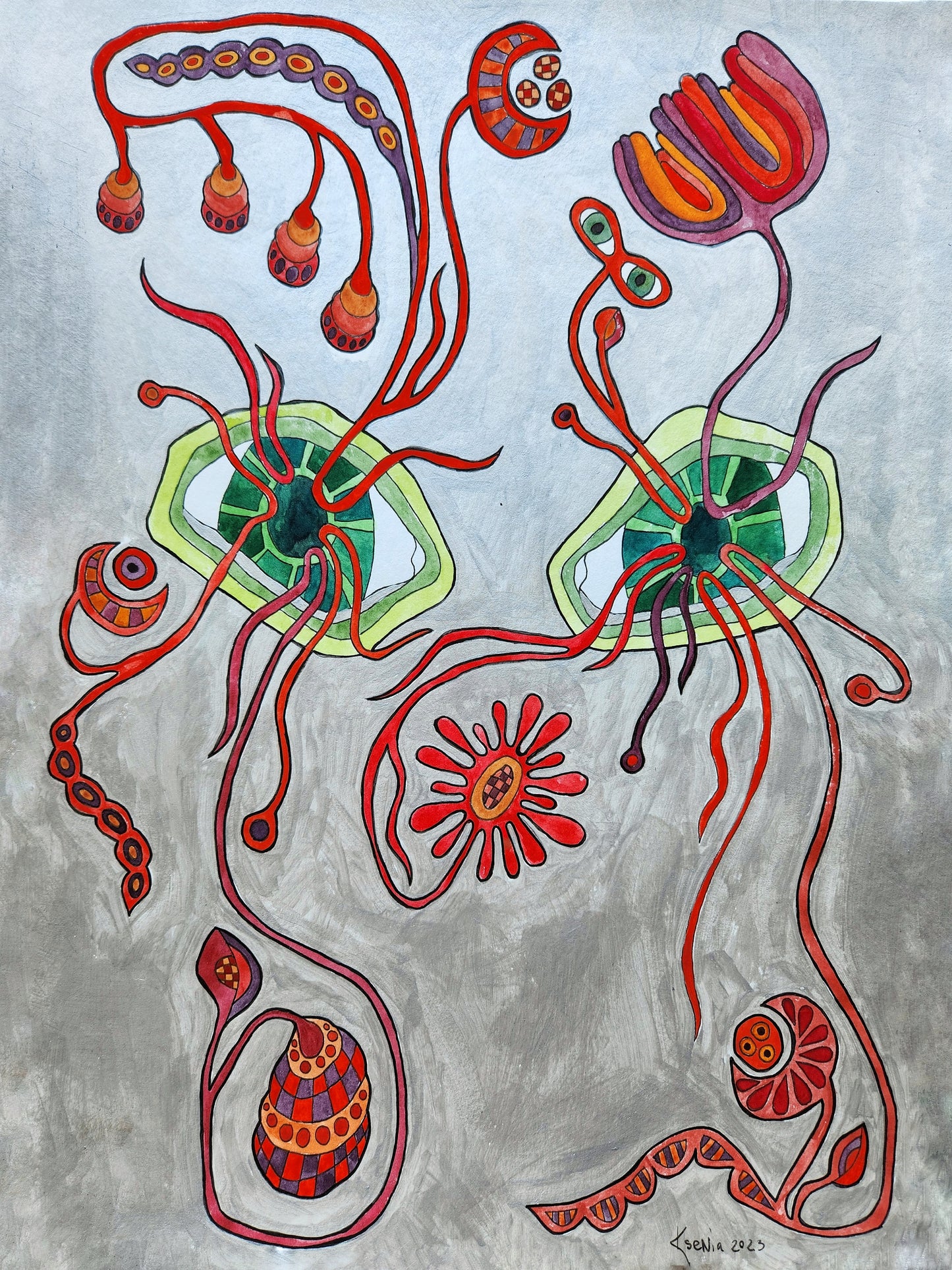 Abstract mixed media painting featuring green eye-like forms surrounded by vibrant red and pink plant-like structures.