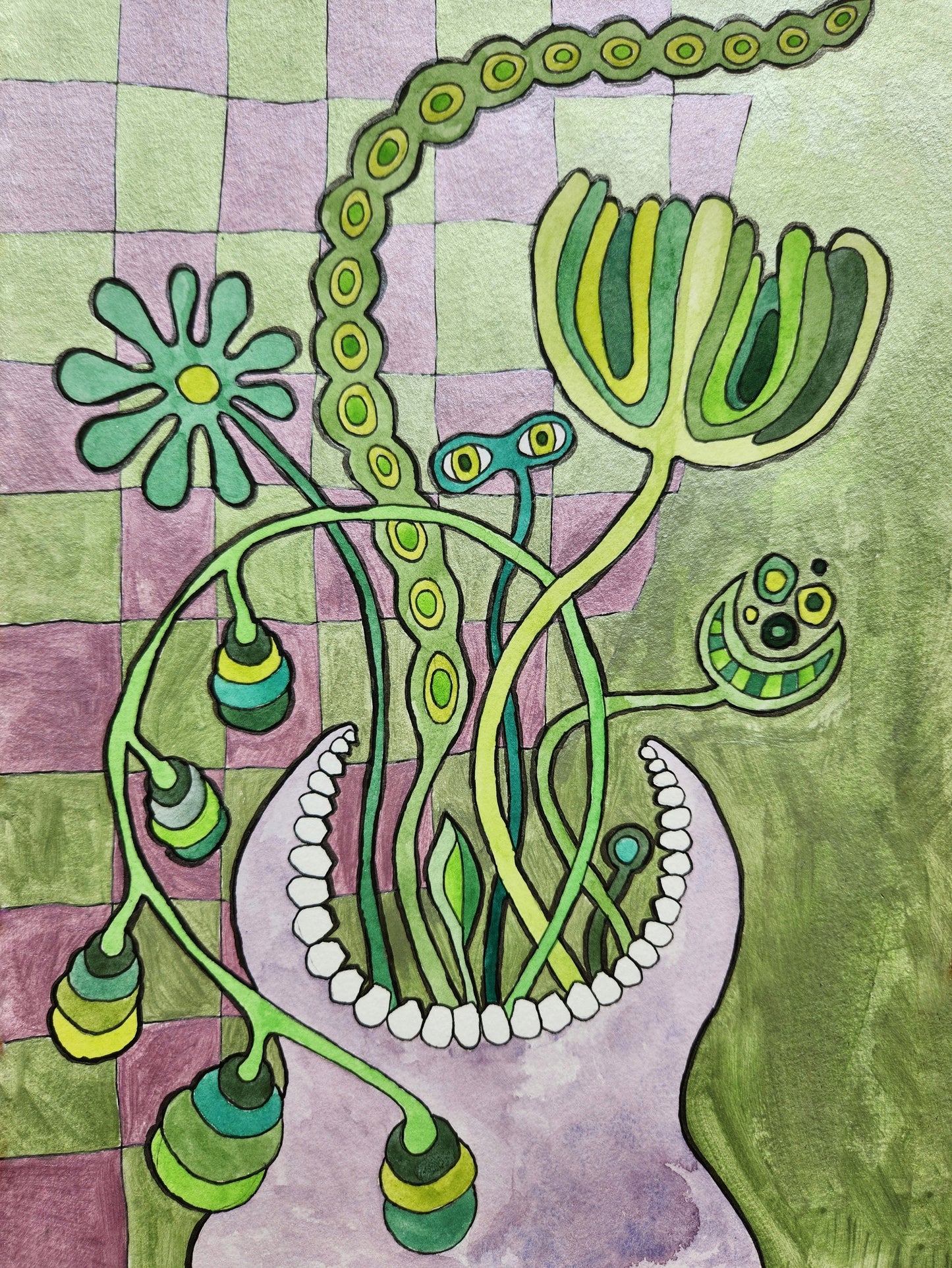 "Flora" original mixed media painting with chrome metallic acrylic paint on 250 g paper, featuring surreal botanical scene in pastel green and purple checkered background