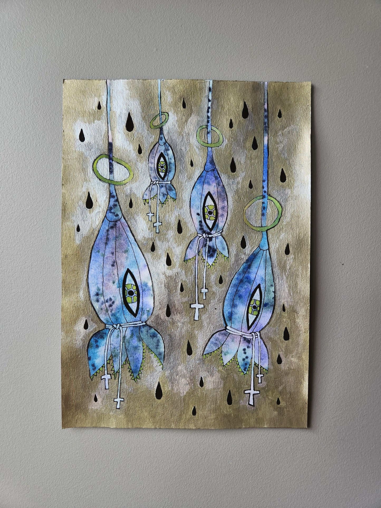 Surreal sacred feminine painting featuring blue botanical pods with green eyes and crosses, hanging in golden rain. Spiritual gothic folk art print rich in mystical symbolism, handmade by independent artist Ksenia Odintsova.