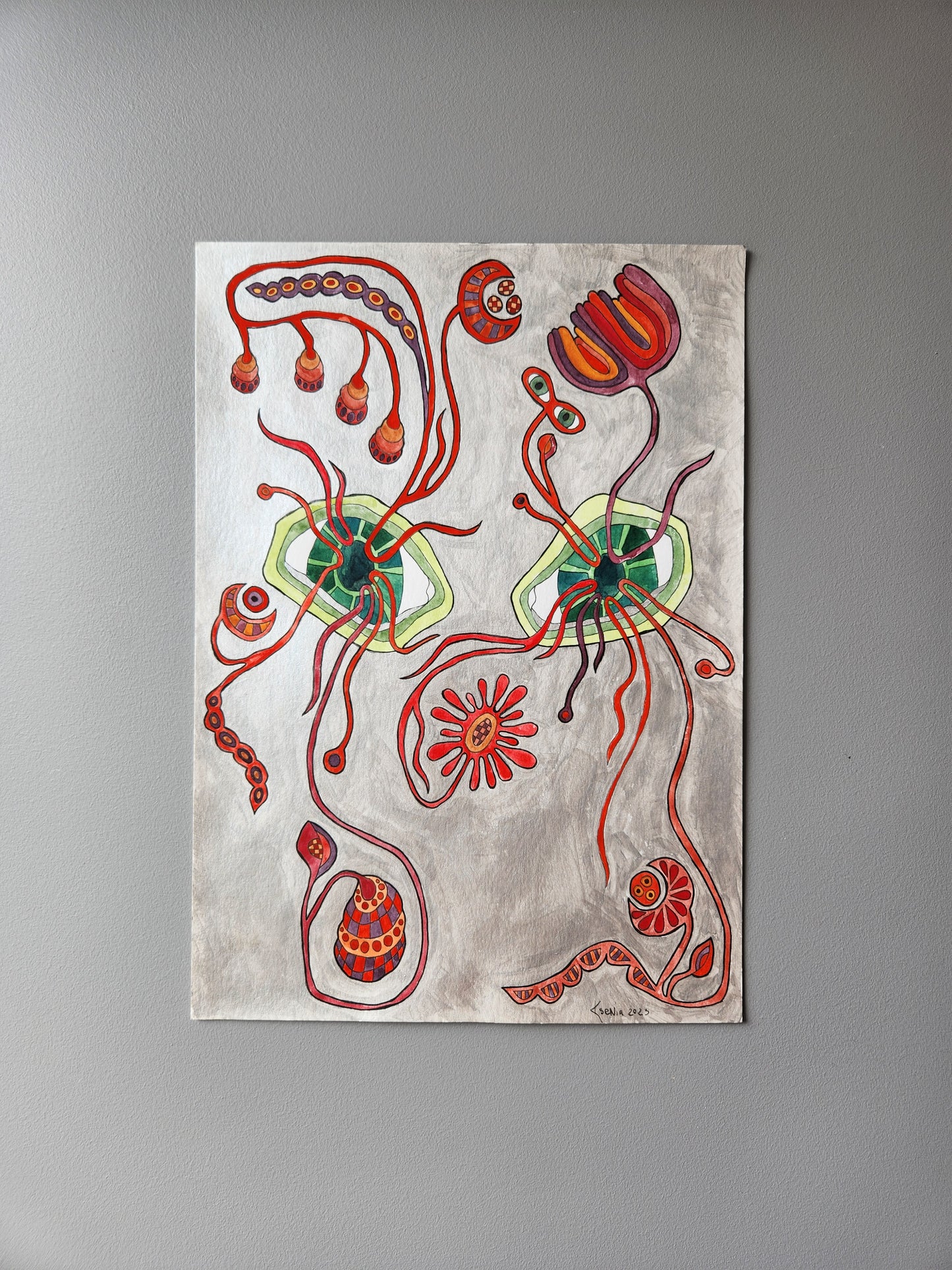 Surreal botanical wall art print with hypnotic green eyes and whimsical red floral forms, inspired by Slavic folklore and mystical symbolism. Unique handmade artwork perfect for eclectic interiors and spiritual decor aesthetics.