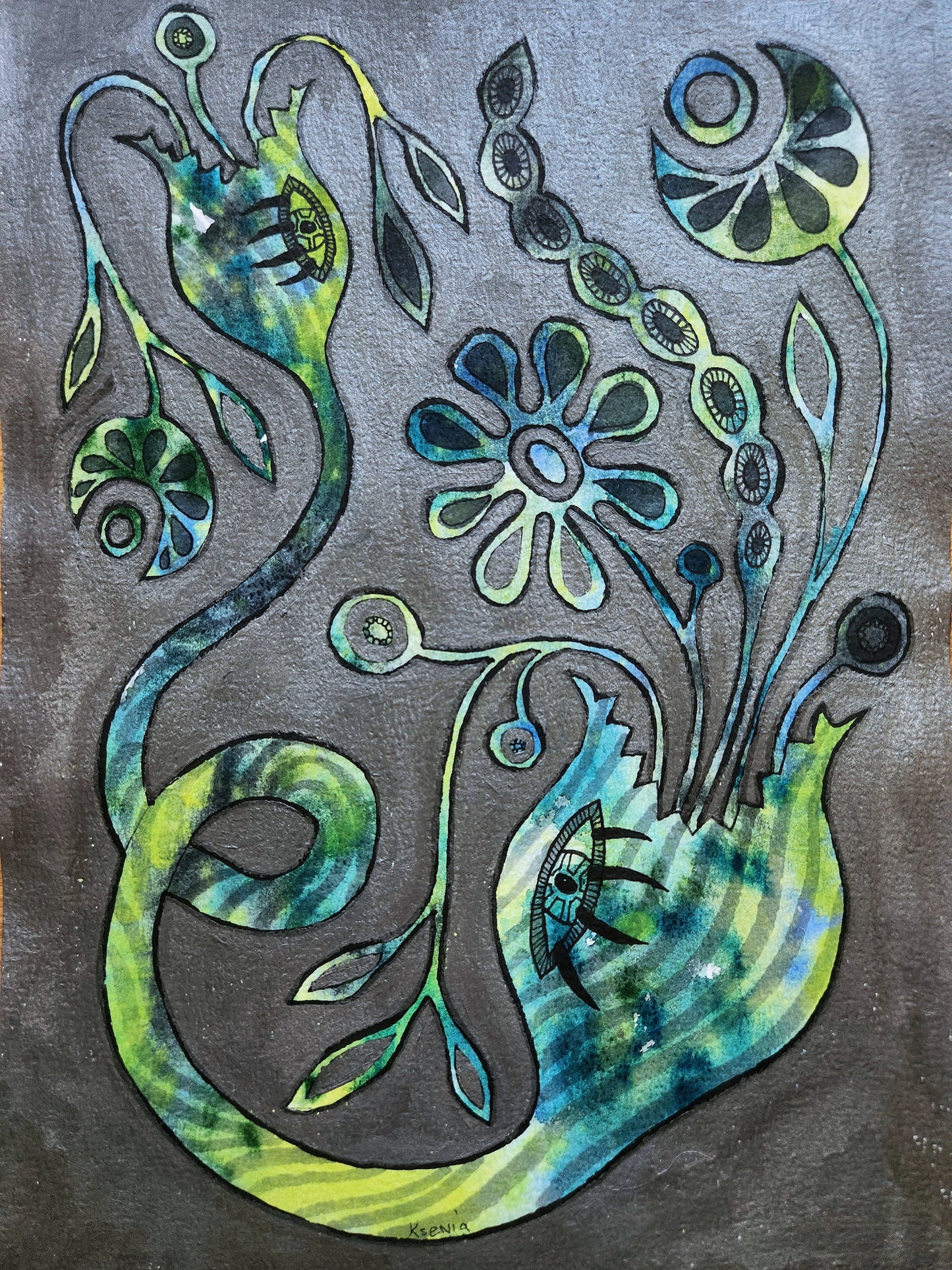 Surreal Slavic-inspired botanical art print in green and blue tones, featuring floral and moon motifs, mystical organic shapes on dark background—folk pagan wall decor with dreamlike energy.