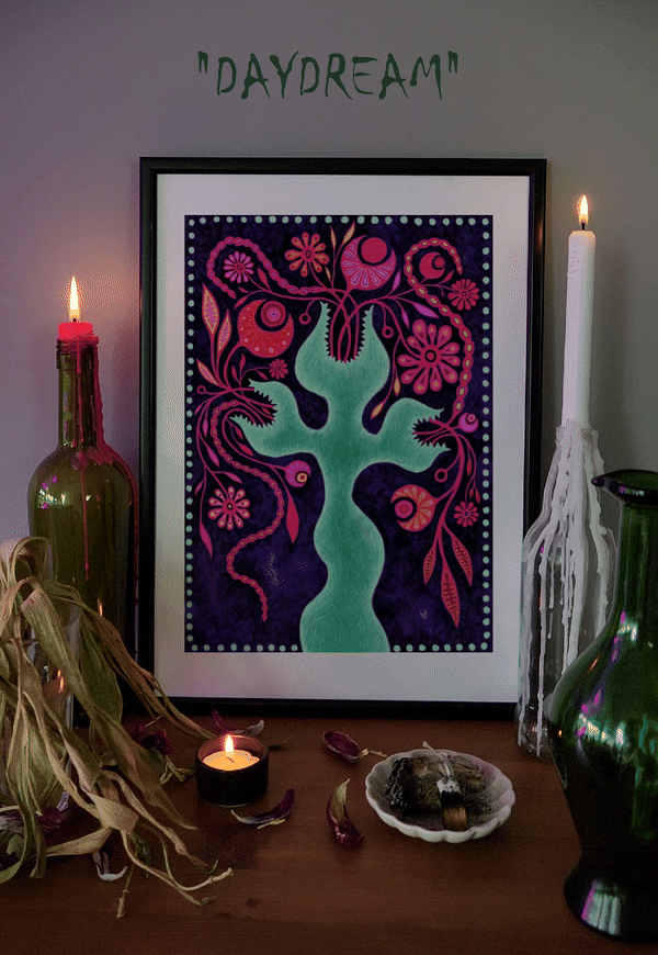 Captivating abstract colorful fantasy wall art print inspired by folk art for eclectic home decor.
