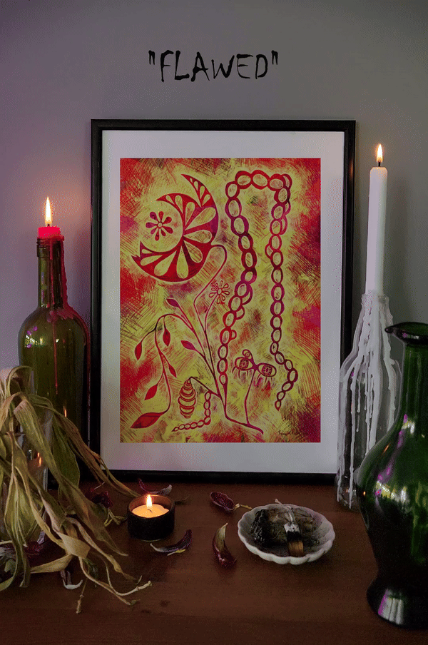 Maximalist wall art print with vibrant colors, adding a unique flair to home decor.