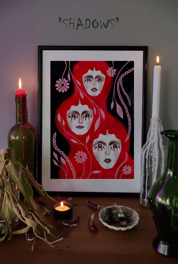 Red surreal wall art print titled ‘SHADOWS,’ featuring three abstract feminine faces with black tears and floral motifs. Unique gothic fantasy home decor ideal for altars, witchy aesthetics, and dark feminine interior style.