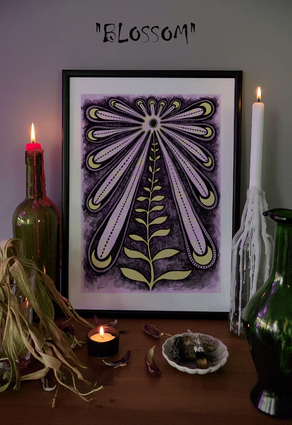 Abstract flower poster in light purple and black, crafted by an indie artist for maximalist spaces.