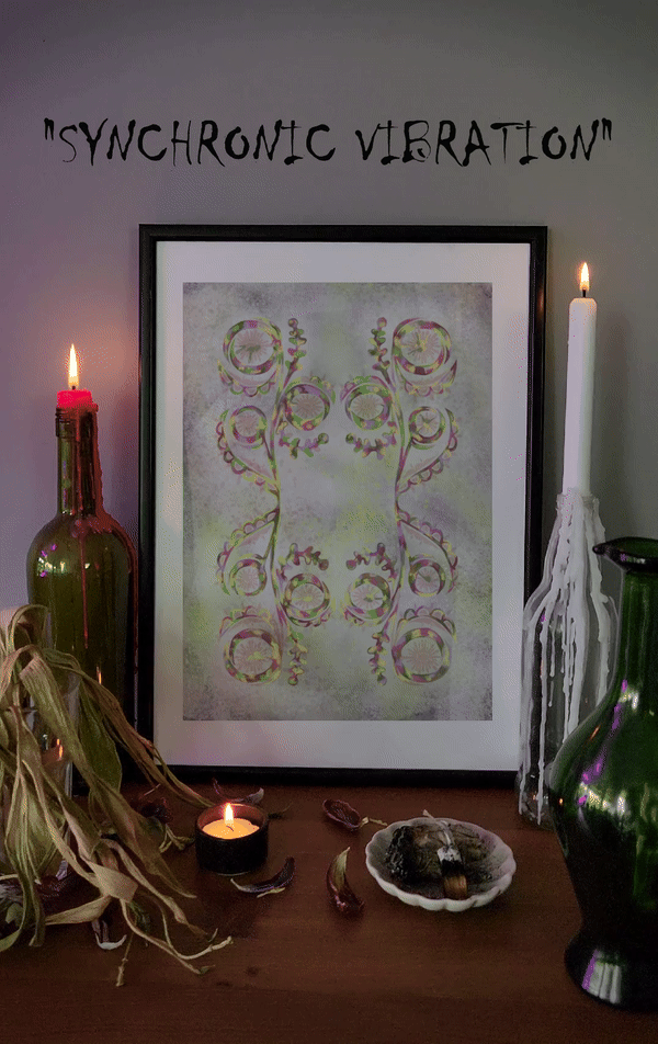 Ritual altar scene with folk-inspired botanical wall art in soft green tones, surrounded by burning candles, dried herbs, and a glass bottle, evoking mystical and spiritual ambiance.