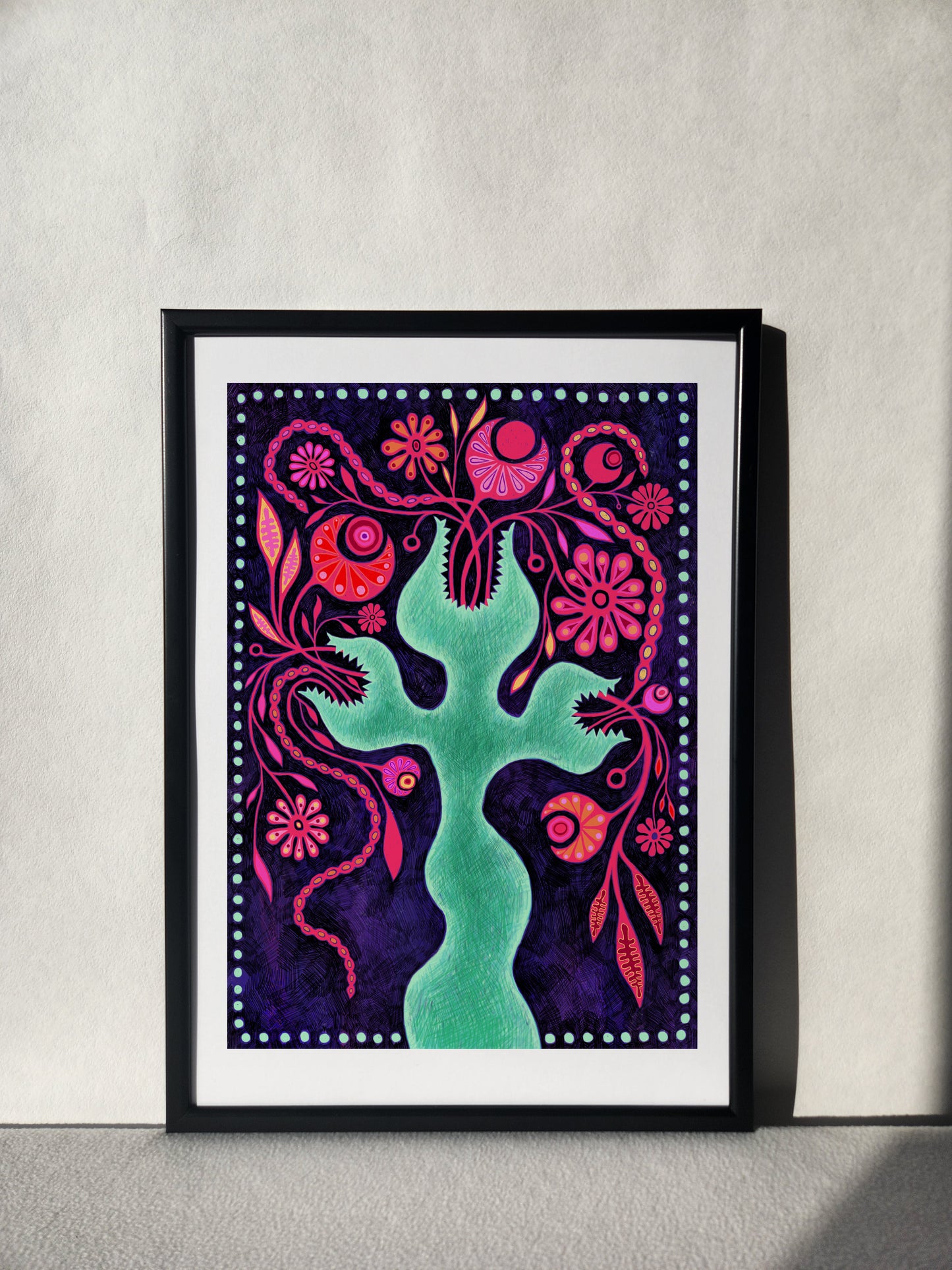 Abstract colorful fantasy wall art print with folk art inspiration for standout room decoration.