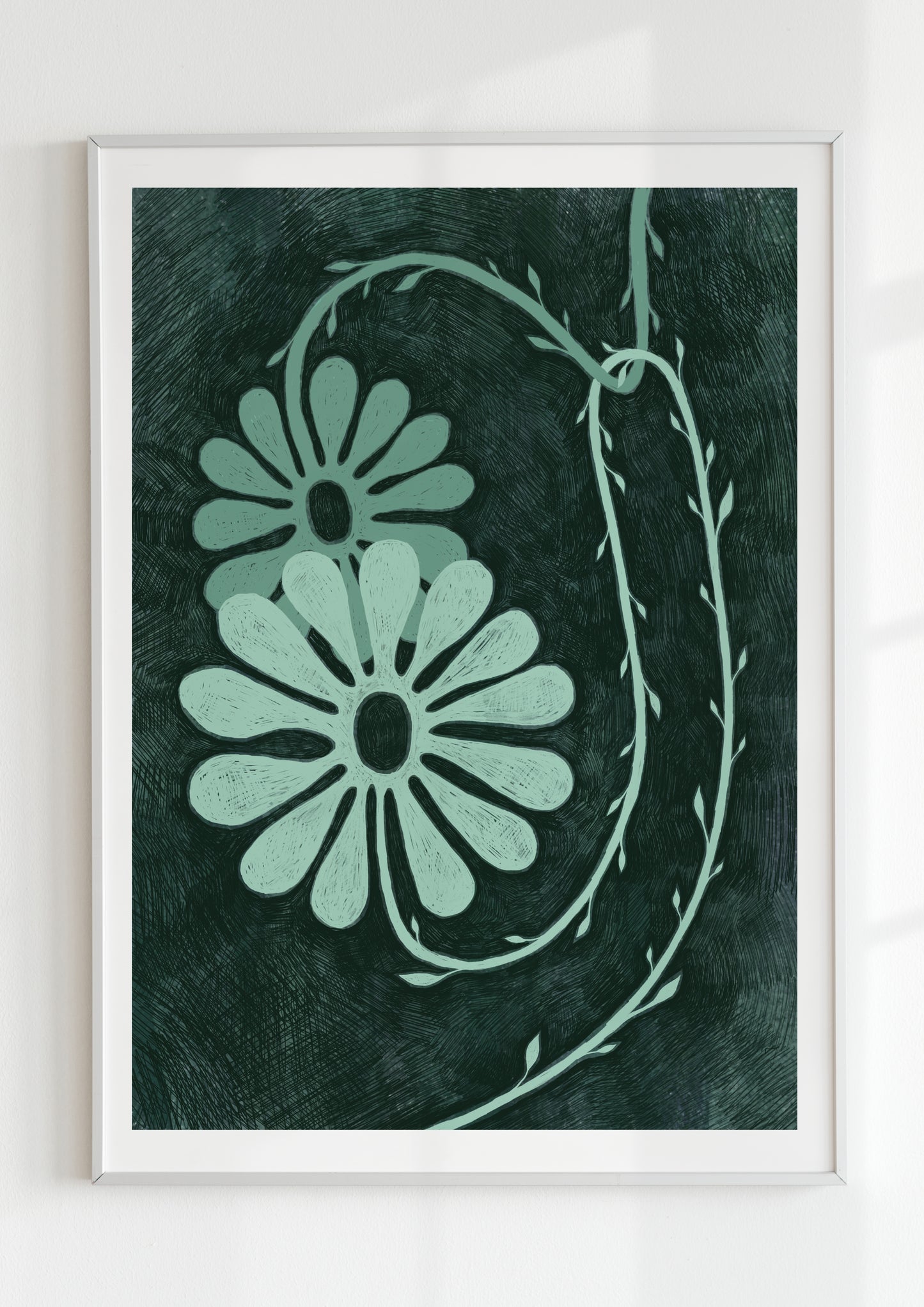 Minimalist green floral art print featuring stylized daisies and delicate vines, framed in white and lit with natural shadows for a modern botanical vibe.