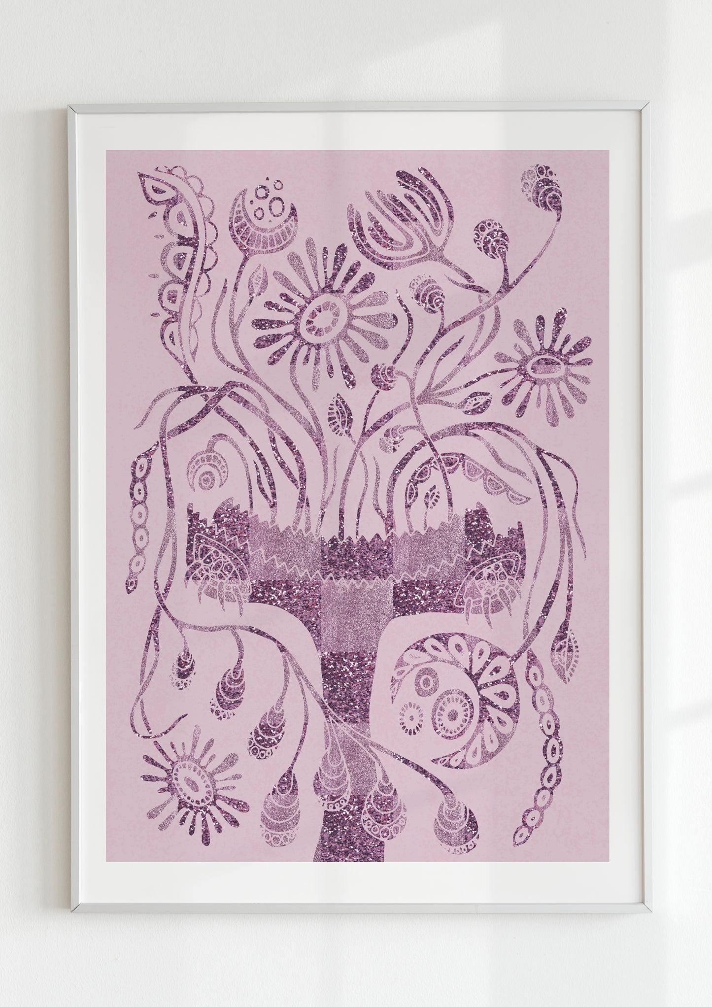 Lilac botanical art print with whimsical folk-inspired flowers and abstract floral shapes, displayed in a modern white frame. Perfect for eclectic home decor and mystical wall art lovers.