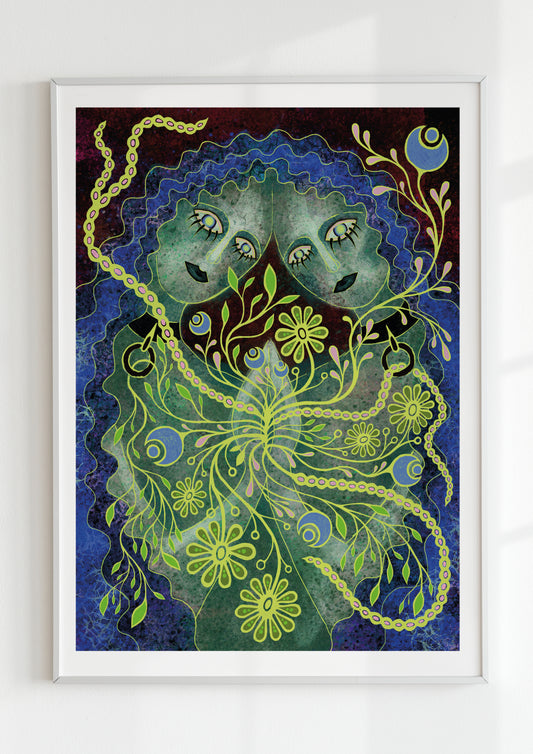 Enchanting sapphic art print of two girls entwined in florals, symbolizing queer love, nature, and feminine intimacy. Framed in white with soft natural light.