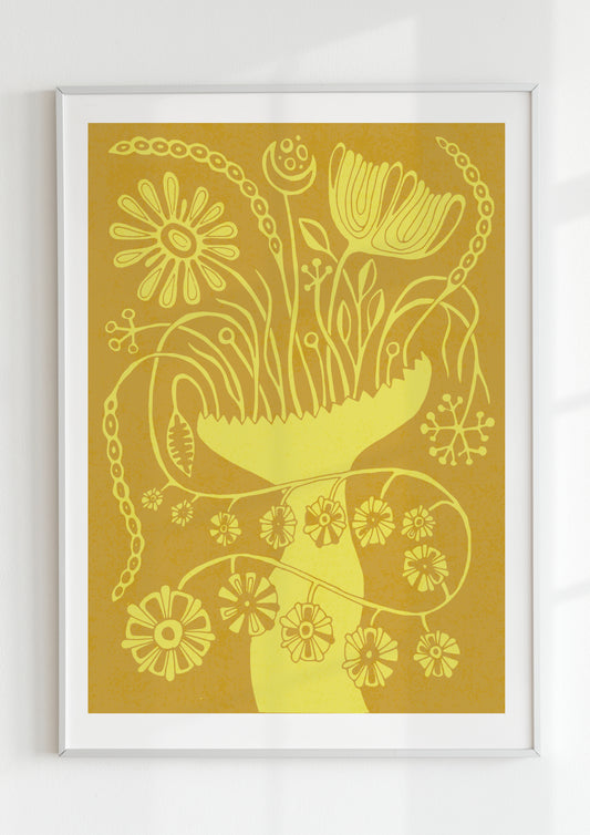 Bright yellow botanical wall art with whimsical folk motifs, ideal for adding warmth and charm to eclectic or boho interiors.