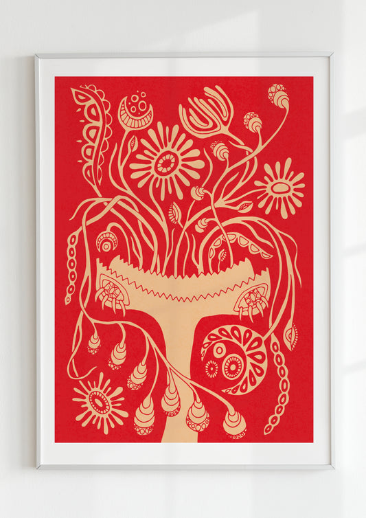 Vibrant red and orange botanical wall art print — eclectic folk-inspired floral illustration in modern white frame, perfect for bold home decor.