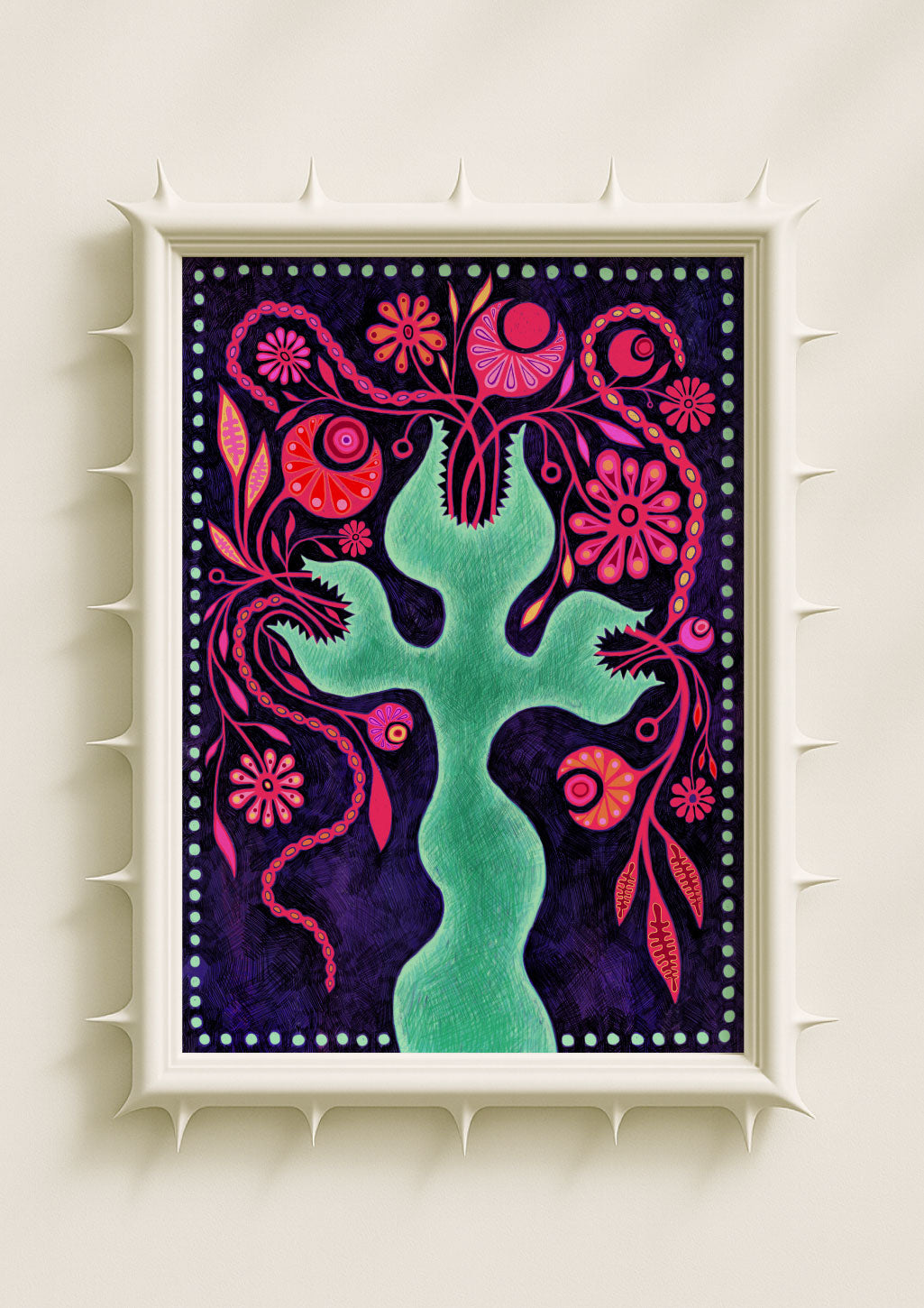 Surreal botanical wall art print featuring a green tree-like figure surrounded by bright pink floral motifs, swirling vines and decorative folklore-inspired patterns on a deep purple background. Dreamlike fantasy poster blending symbolism, nature mysticism and contemporary art décor.