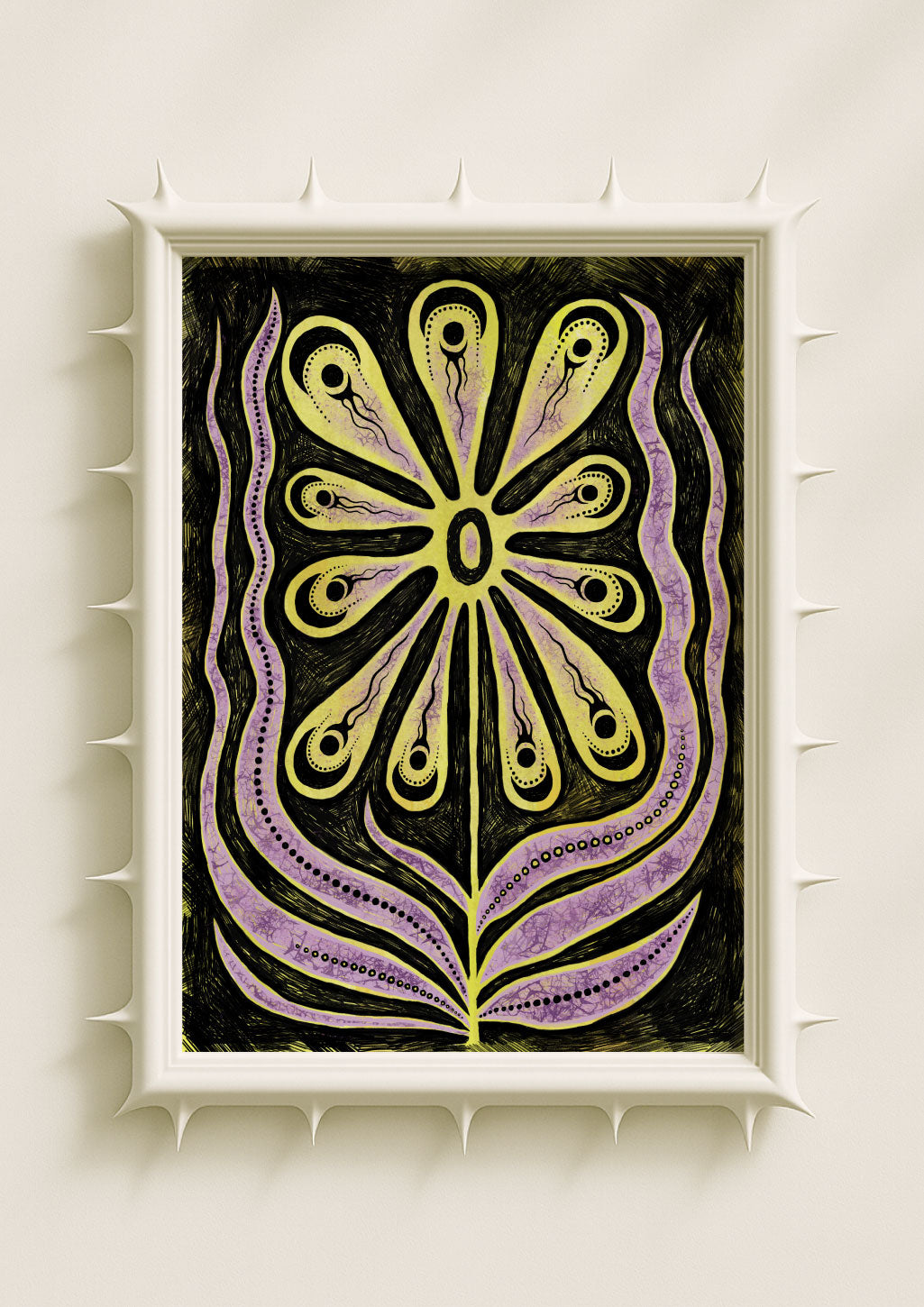 Gothic floral wall art print featuring a large yellow flower with elongated petals, purple abstract leaves and dotted botanical patterns on a deep black textured background. Contemporary symbolic flower poster with folkloric details and mystical decorative style.