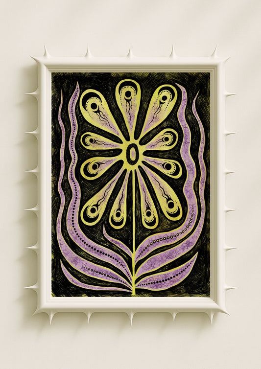 Gothic floral wall art print featuring a large yellow flower with elongated petals, purple abstract leaves and dotted botanical patterns on a deep black textured background. Contemporary symbolic flower poster with folkloric details and mystical decorative style.