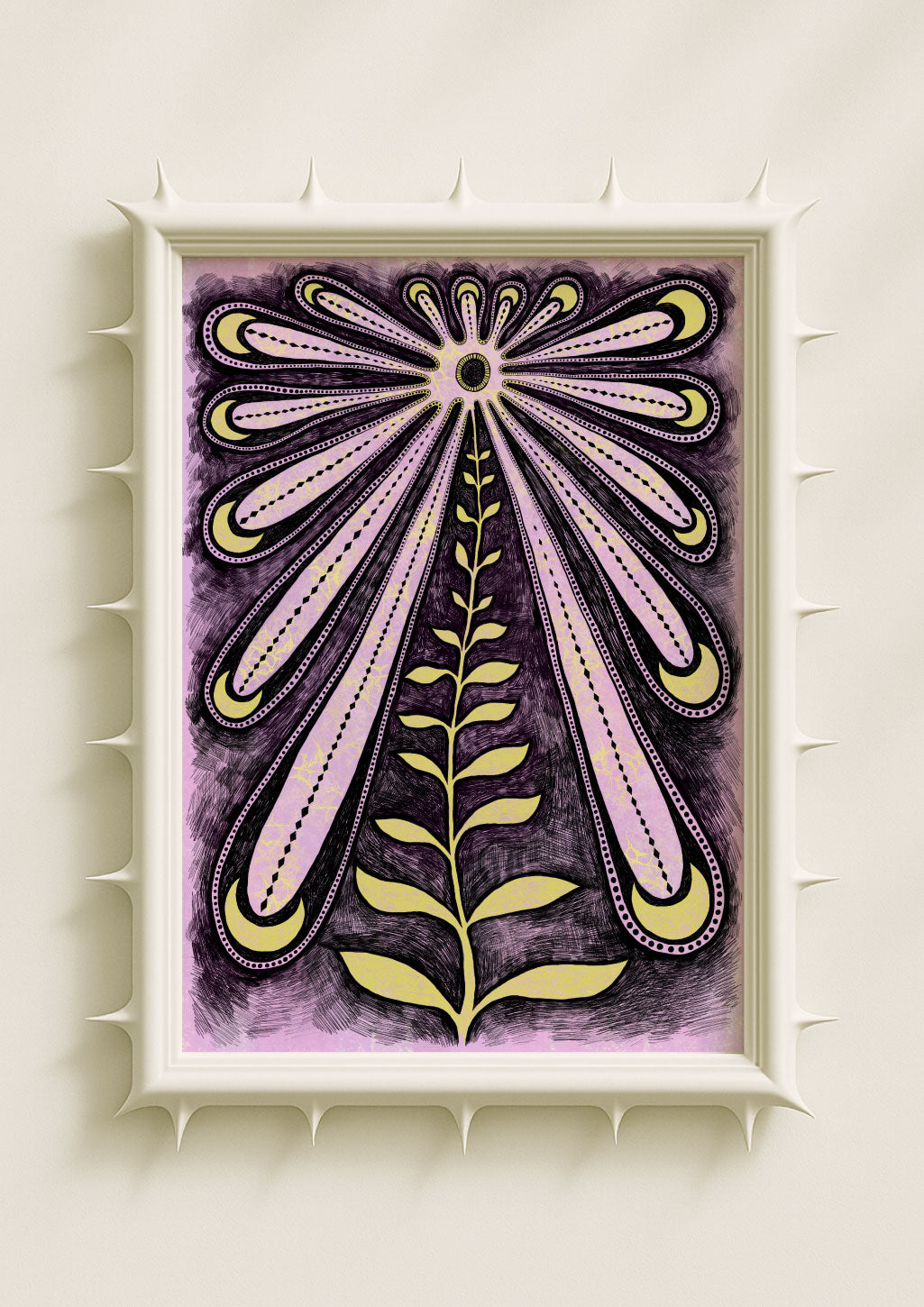 Eclectic floral wall art print featuring a tall stylised flower with elongated lilac petals and soft yellow accents on a deep purple textured background. Contemporary folk art poster with whimsical botanical motifs and an eclectic, bohemian aesthetic. Unique modern art print perfect for expressive home décor and creative interiors.