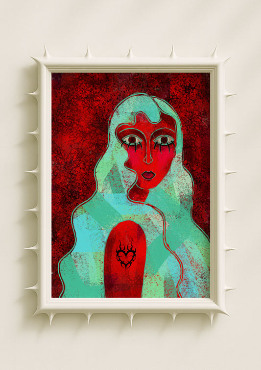 Surreal portrait wall art print of a red-faced figure with turquoise flowing hair and a symbolic black heart motif on the chest, set against a textured crimson background. Emotional fantasy poster blending symbolism, mysticism and contemporary art décor.
