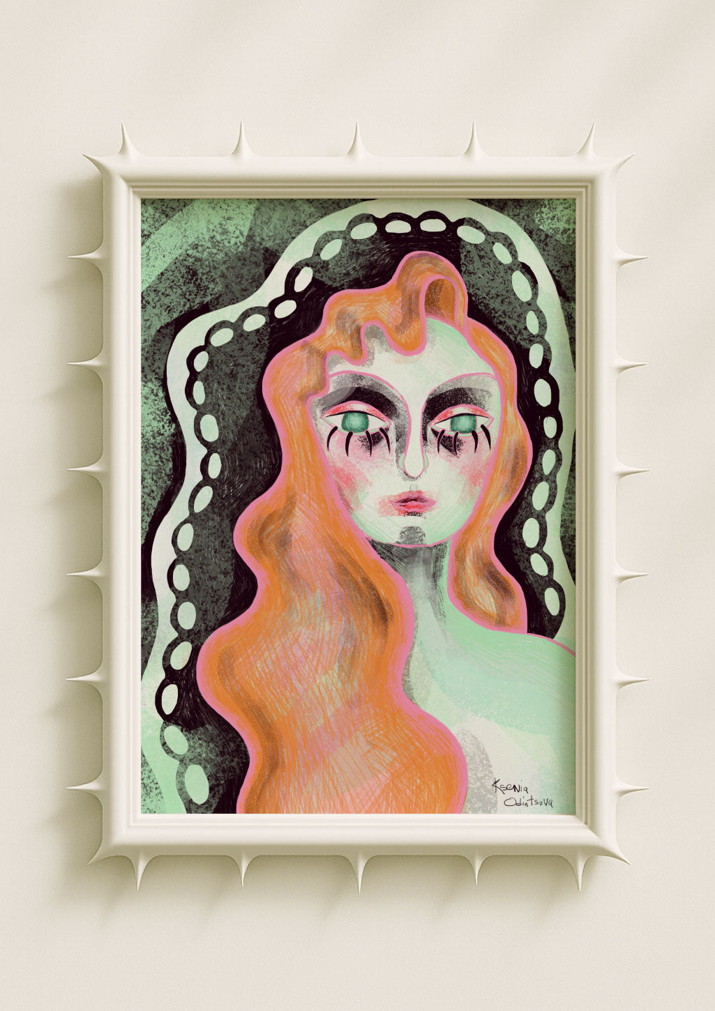 Surreal portrait wall art print featuring a woman with flowing orange hair, turquoise skin and bold expressive eyes framed by organic lace-like shapes on a textured green background. Dreamy contemporary poster blending feminine symbolism, soft surrealism and emotional art décor.