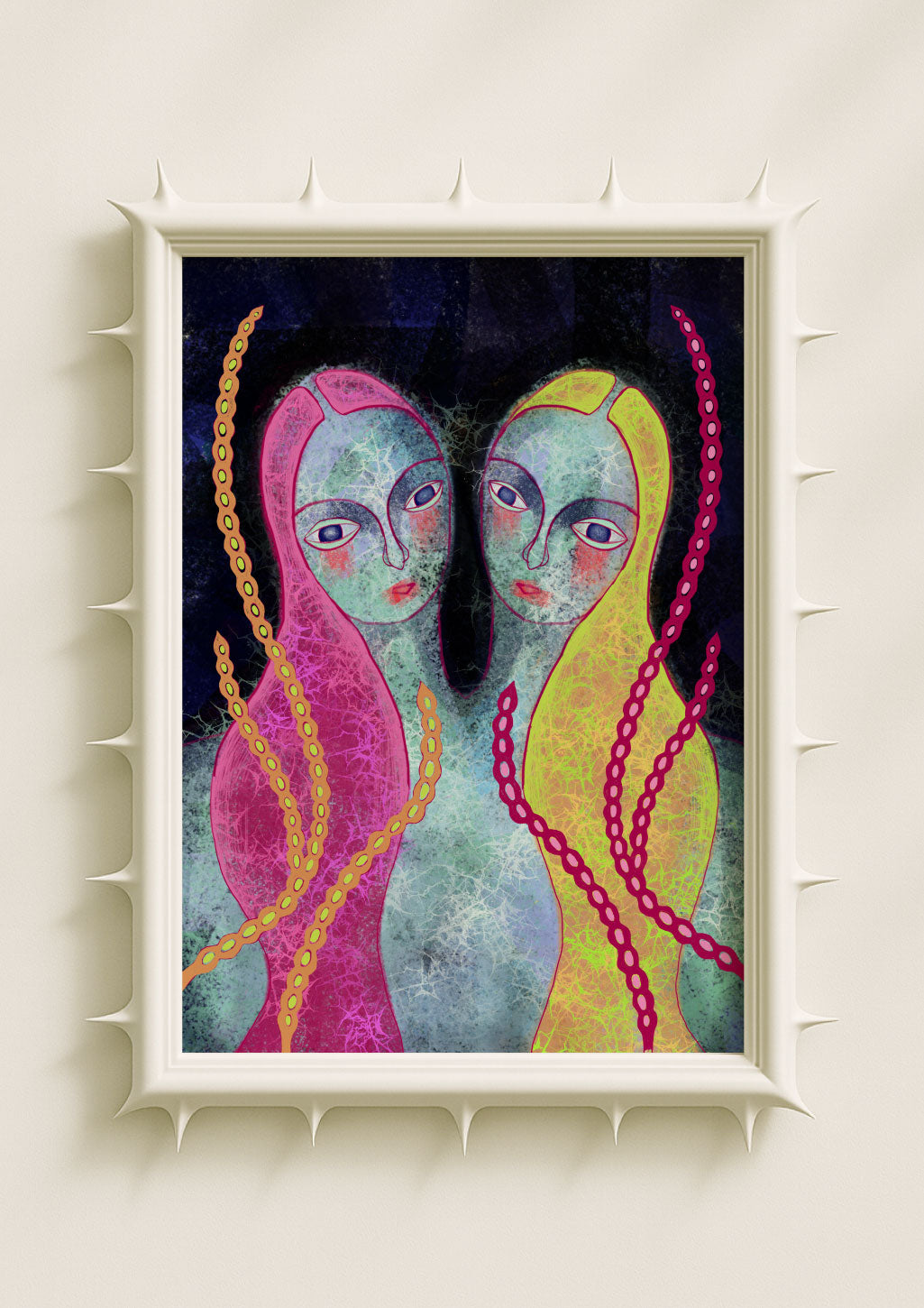 Surreal portrait wall art print featuring two mirrored figures with pastel turquoise skin, pink and yellow hair, and flowing vine-like motifs on a dark textured background. Dreamy fantasy poster blending symbolic duality, feminine mysticism and contemporary art décor.