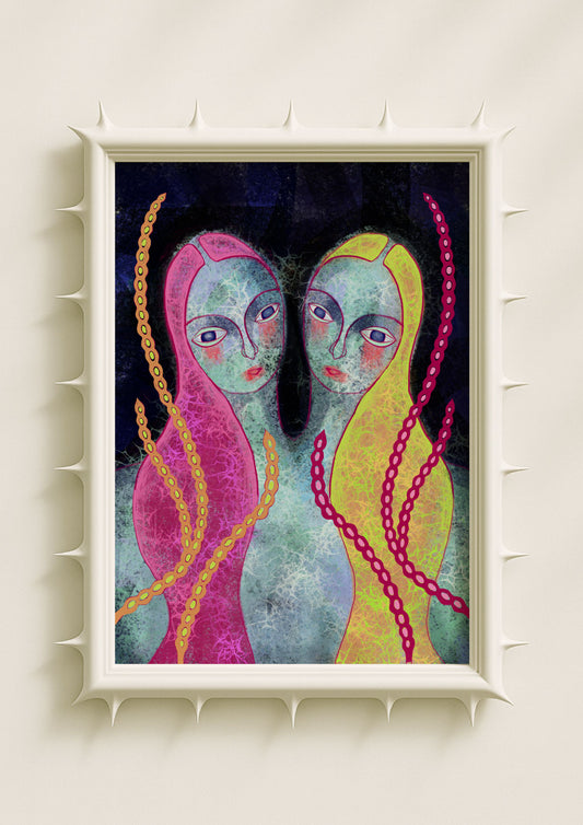 Surreal portrait wall art print featuring two mirrored figures with pastel turquoise skin, pink and yellow hair, and flowing vine-like motifs on a dark textured background. Dreamy fantasy poster blending symbolic duality, feminine mysticism and contemporary art décor.