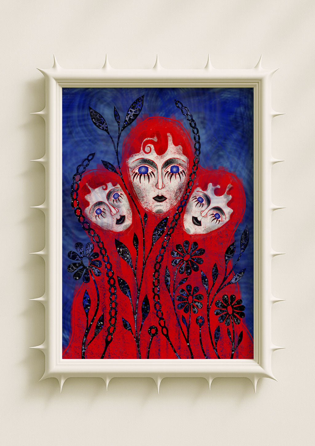 Surreal portrait wall art print featuring three red-haired figures intertwined with dark floral motifs on a deep blue textured background. Dreamlike fantasy poster blending symbolism, folk-inspired elements and contemporary art décor.