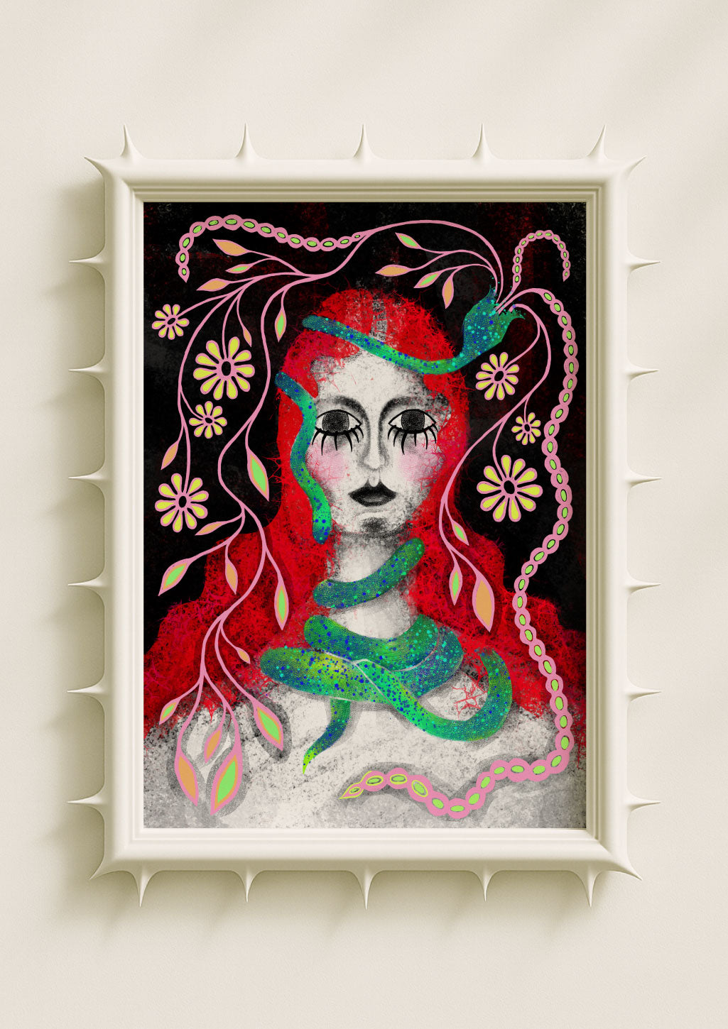 Surreal portrait wall art print featuring a woman with vivid red hair, large expressive eyes, and a green serpent intertwined with floral motifs on a dark background. Dreamlike fantasy poster blending folklore, symbolism and contemporary art décor.