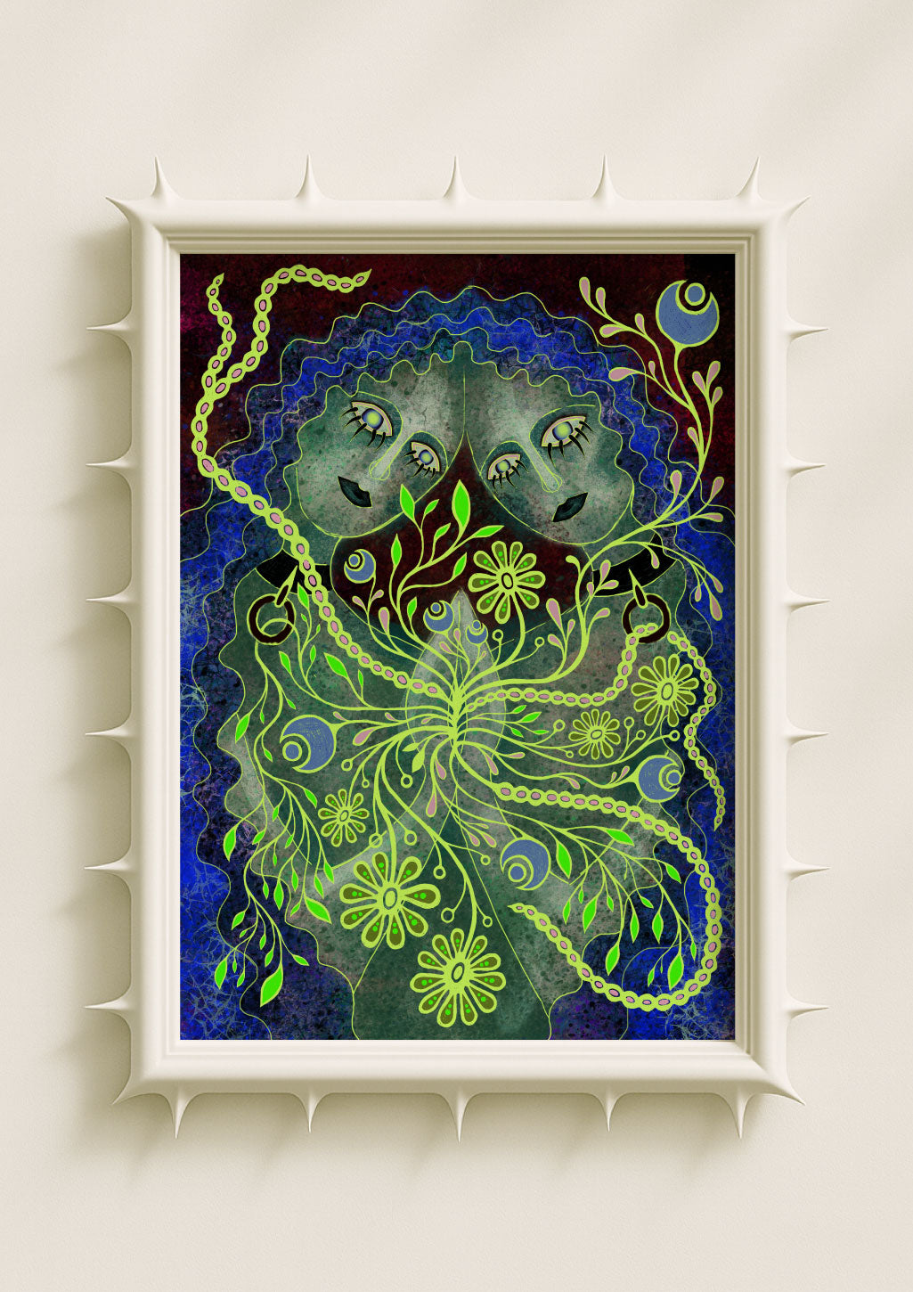Surreal botanical wall art print featuring a double-faced figure surrounded by glowing green florals and swirling vines on deep blue and burgundy tones. Mystical fantasy poster blending symbolism, folklore and contemporary art décor.