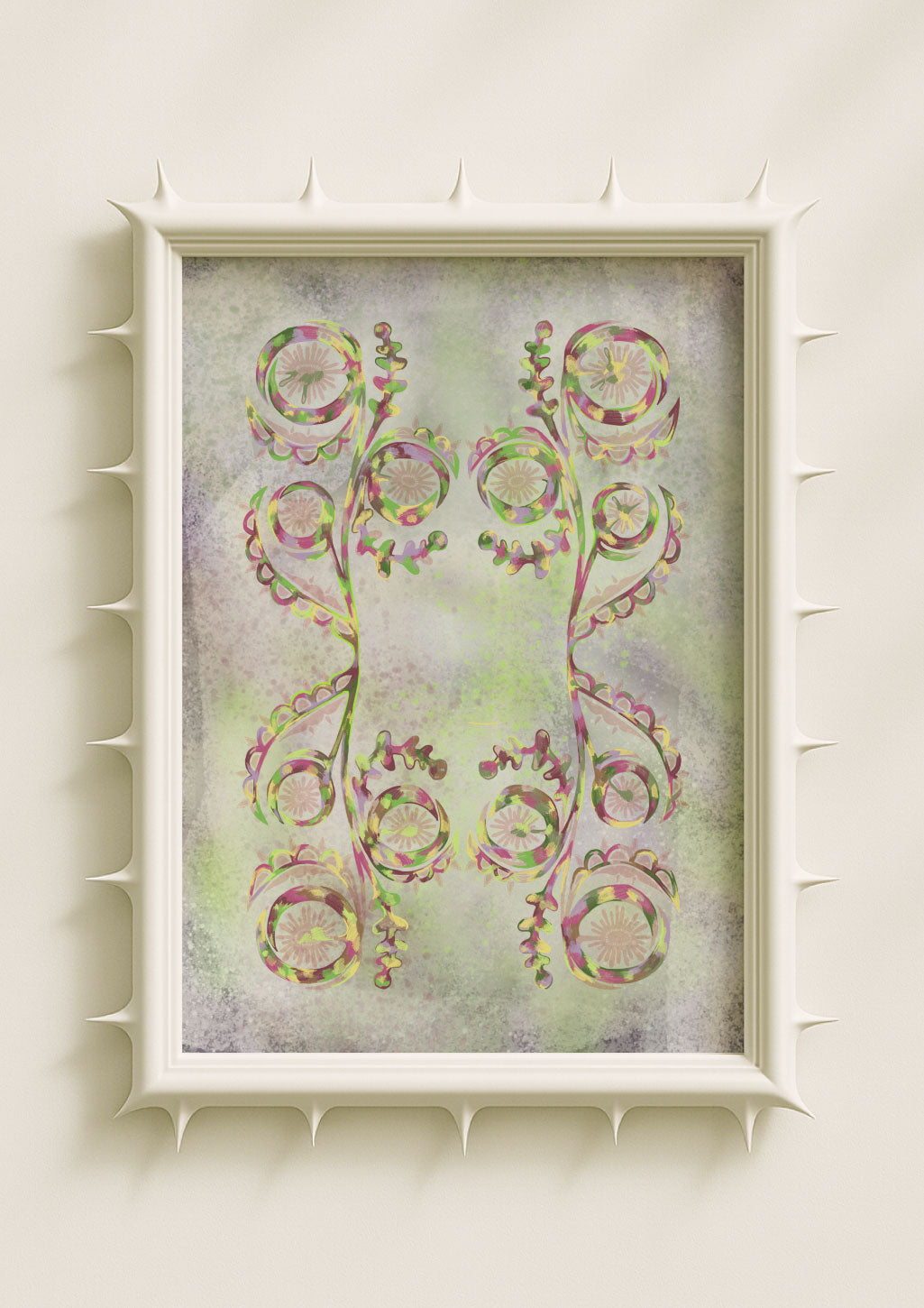 Botanical fantasy wall art print featuring symmetrical floral motifs in soft pastel greens and pinks, with surreal, delicate detailing. Ethereal nature-inspired poster for eclectic and modern home décor.