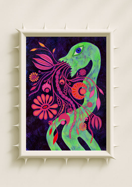 Vibrant surreal wall art print featuring a green abstract creature releasing bright pink and red flowers against a deep purple background. Fantasy botanical poster with folkloric patterns, mystical symbolism, and expressive contemporary illustration style. Perfect colourful art print for eclectic or bohemian interiors.