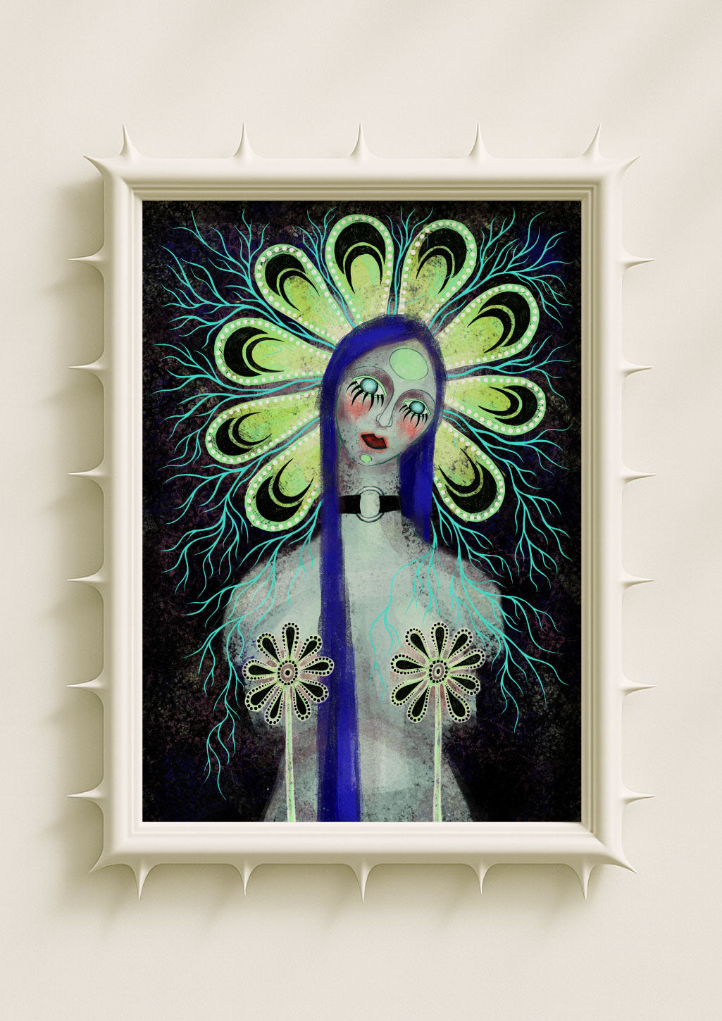 Surreal portrait wall art print of a mystical female figure with long blue hair, glowing floral halo and delicate botanical details on a dark textured background. Fantasy-inspired art poster blending symbolism, femininity and contemporary décor aesthetics.