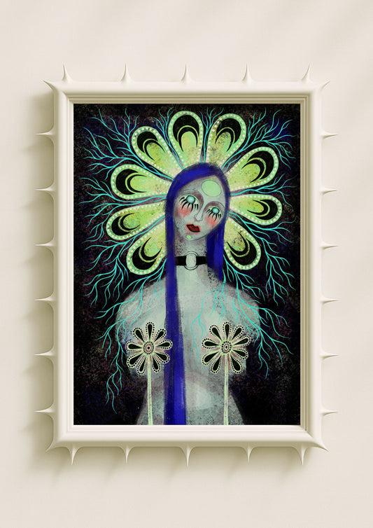Surreal portrait wall art print of a mystical female figure with long blue hair, glowing floral halo and delicate botanical details on a dark textured background. Fantasy-inspired art poster blending symbolism, femininity and contemporary décor aesthetics.