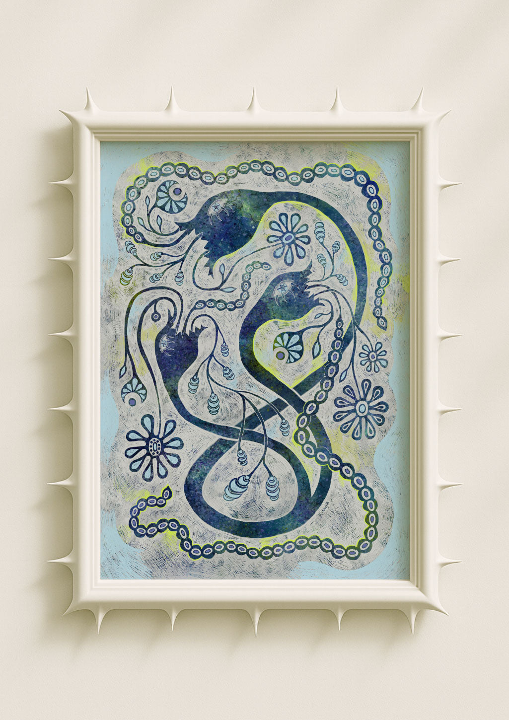 Surreal botanical wall art print featuring intertwining blue serpentine forms surrounded by stylised flowers, delicate vines and organic patterns on a soft pastel background. Dreamlike fantasy poster blending folklore, symbolism and contemporary art décor.