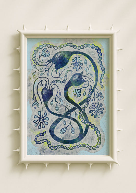 Surreal botanical wall art print featuring intertwining blue serpentine forms surrounded by stylised flowers, delicate vines and organic patterns on a soft pastel background. Dreamlike fantasy poster blending folklore, symbolism and contemporary art décor.