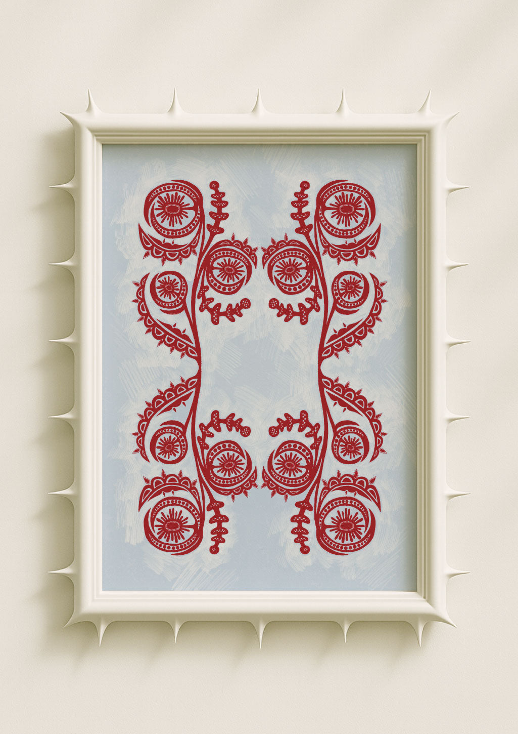 Red folk-inspired floral wall art print with symmetrical botanical motifs on a soft pastel background. Intricate decorative poster blending folklore, pattern design and contemporary home décor aesthetics.