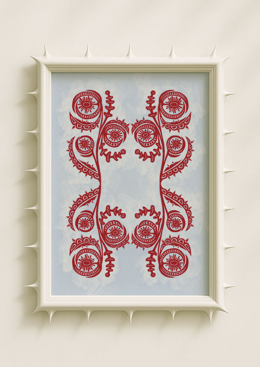 Red folk-inspired floral wall art print with symmetrical botanical motifs on a soft pastel background. Intricate decorative poster blending folklore, pattern design and contemporary home décor aesthetics.
