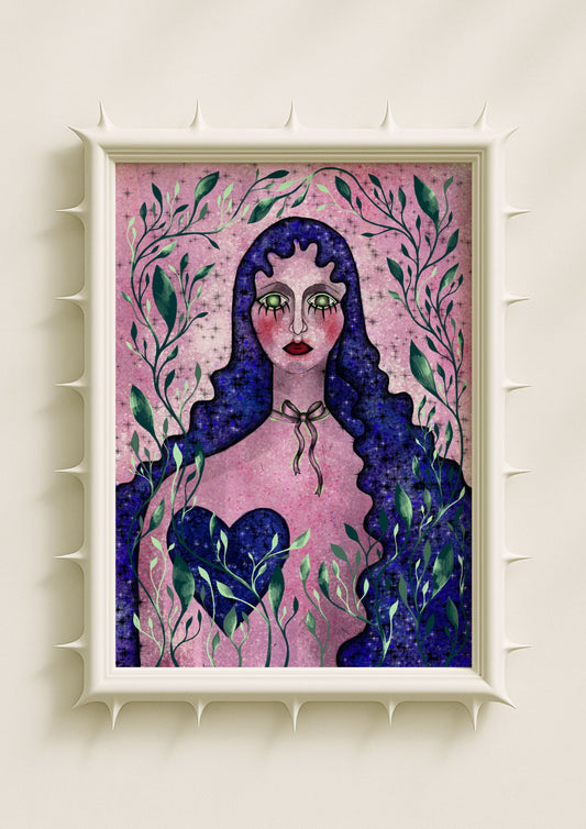 Surreal portrait wall art print of a woman with deep blue hair, expressive green eyes and a botanical motif on a textured pink background. Dreamlike fantasy poster blending feminine symbolism and contemporary art décor.