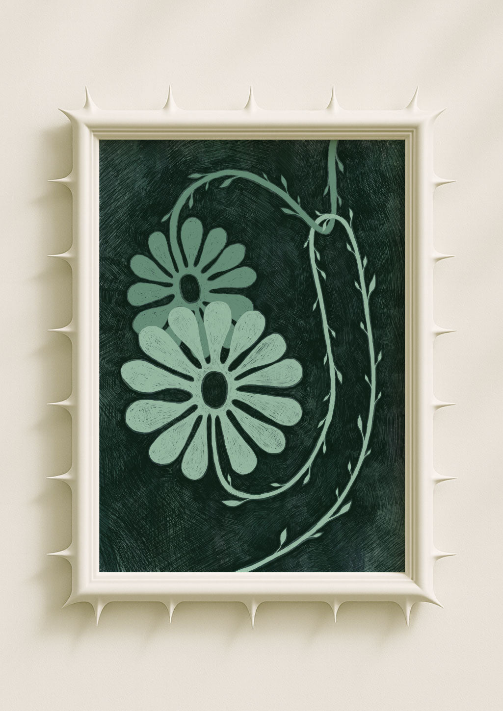 Minimalist floral wall art print featuring two stylised mint-green daisies and winding botanical vines on a deep textured green background. Contemporary nature-inspired poster with a soft, modern, poetic aesthetic.