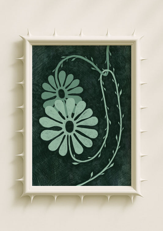 Minimalist floral wall art print featuring two stylised mint-green daisies and winding botanical vines on a deep textured green background. Contemporary nature-inspired poster with a soft, modern, poetic aesthetic.