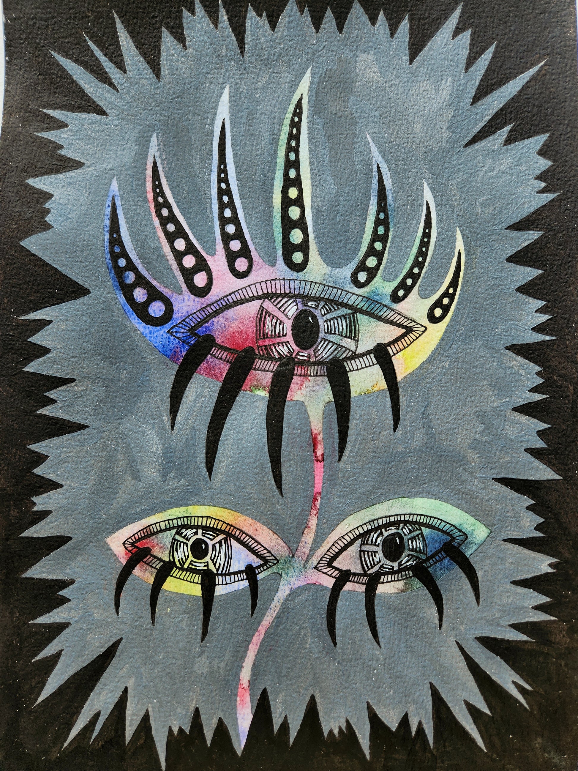 Mixed media painting 'Triple Dare' featuring a flower with three eyes, inspired by gothic themes and mystical fantasy. This ethereal artwork uses watercolor and acrylic paints to create a vivid, captivating image.