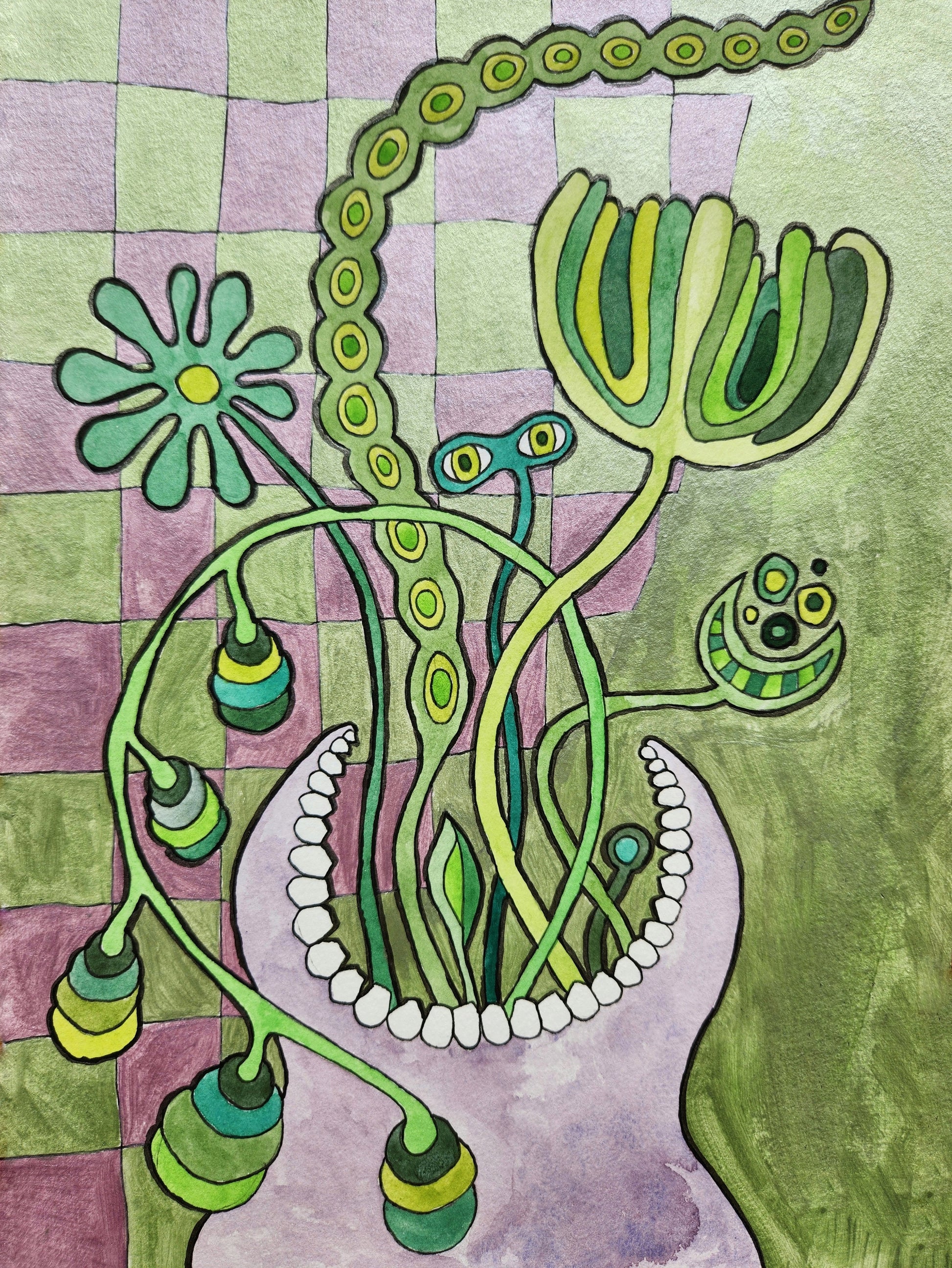  "Flora" original mixed media painting with chrome metallic acrylic paint on 250 g paper, featuring surreal botanical scene in pastel green and purple checkered background