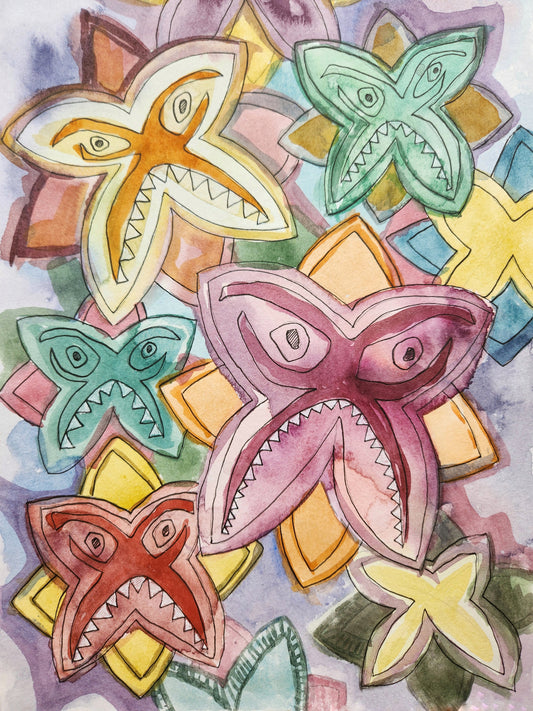  "Beautiful Unison" vibrant mixed media artwork on paper with star-shaped floral motifs and expressive faces, inspired by transforming negative emotions into beauty.