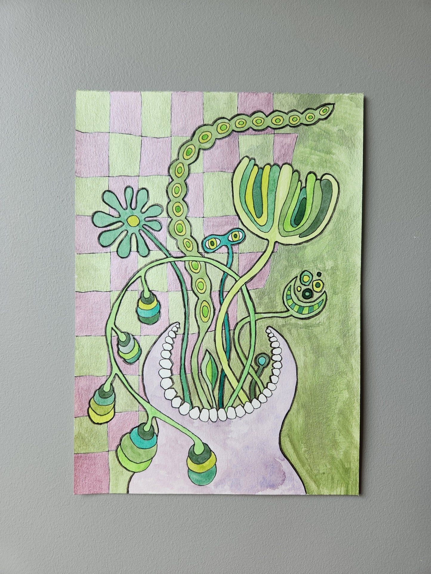 Unique floral fantasy painting "Flora" with shimmering chrome metallic acrylic paint, against a checkered pastel green and purple background.