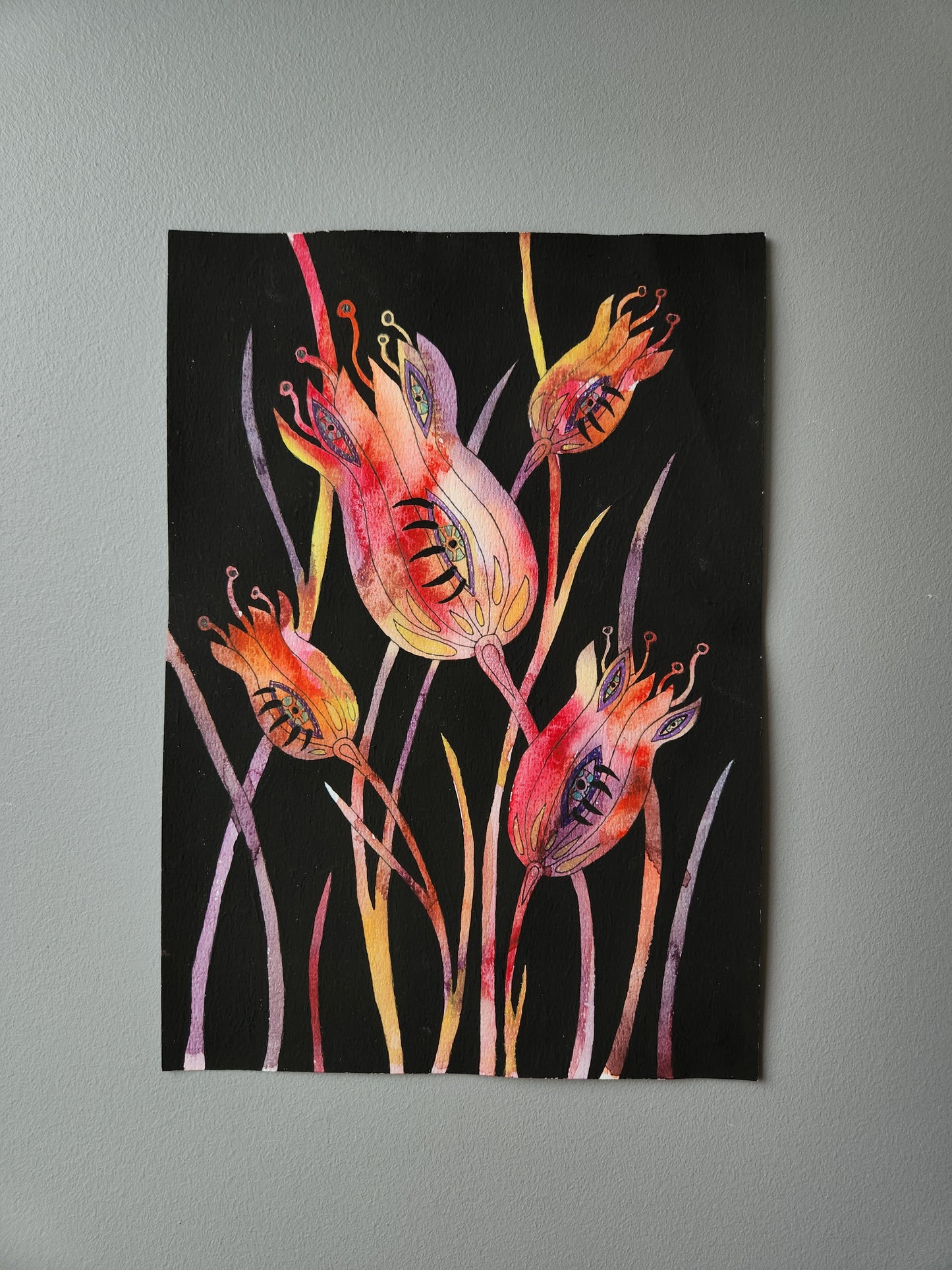 Original artwork depicting a sentient forest with vibrant red, orange, pink, and yellow flowers.